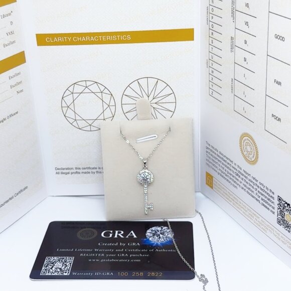 Elegant 6mm Moissanite Key Pendant Necklace Sterling Silver CZ Charm for Women - Picture 9 of 11